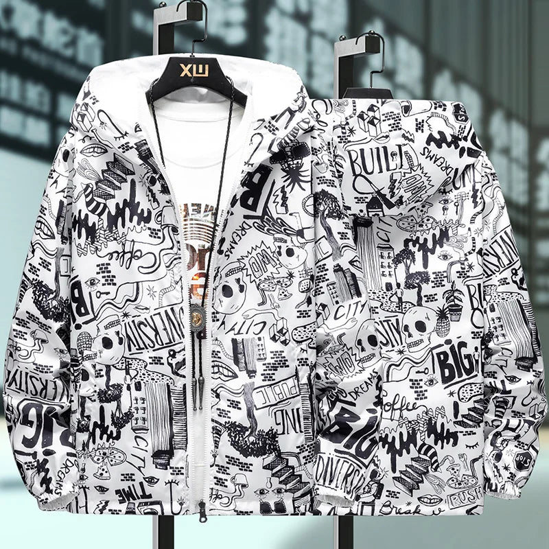 Strewear Graffiti Printed Fashion Reversible Jacket Men Thin Hooded Jackets Windbreakers Clothing Plus Size M-5XL