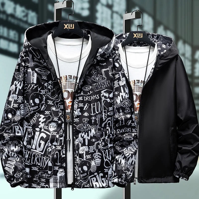 Strewear Graffiti Printed Fashion Reversible Jacket Men Thin Hooded Jackets Windbreakers Clothing Plus Size M-5XL