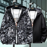 Strewear Graffiti Printed Fashion Reversible Jacket Men Thin Hooded Jackets Windbreakers Clothing Plus Size M-5XL