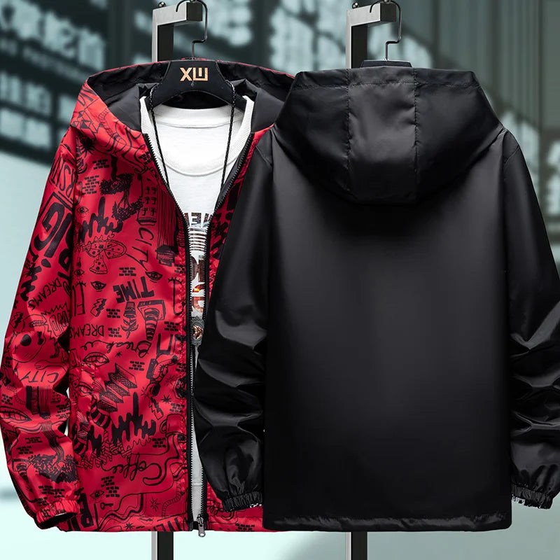 Strewear Graffiti Printed Fashion Reversible Jacket Men Thin Hooded Jackets Windbreakers Clothing Plus Size M-5XL
