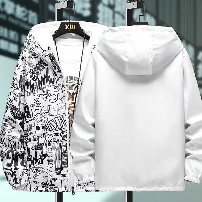 Strewear Graffiti Printed Fashion Reversible Jacket Men Thin Hooded Jackets Windbreakers Clothing Plus Size M-5XL