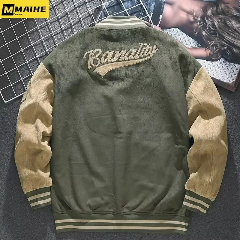 Suede Baseball Uniform Men's Autumn And Winter American Retro Coat Spring And Autumn Loose Top Embroidered Retro Jacket Trend