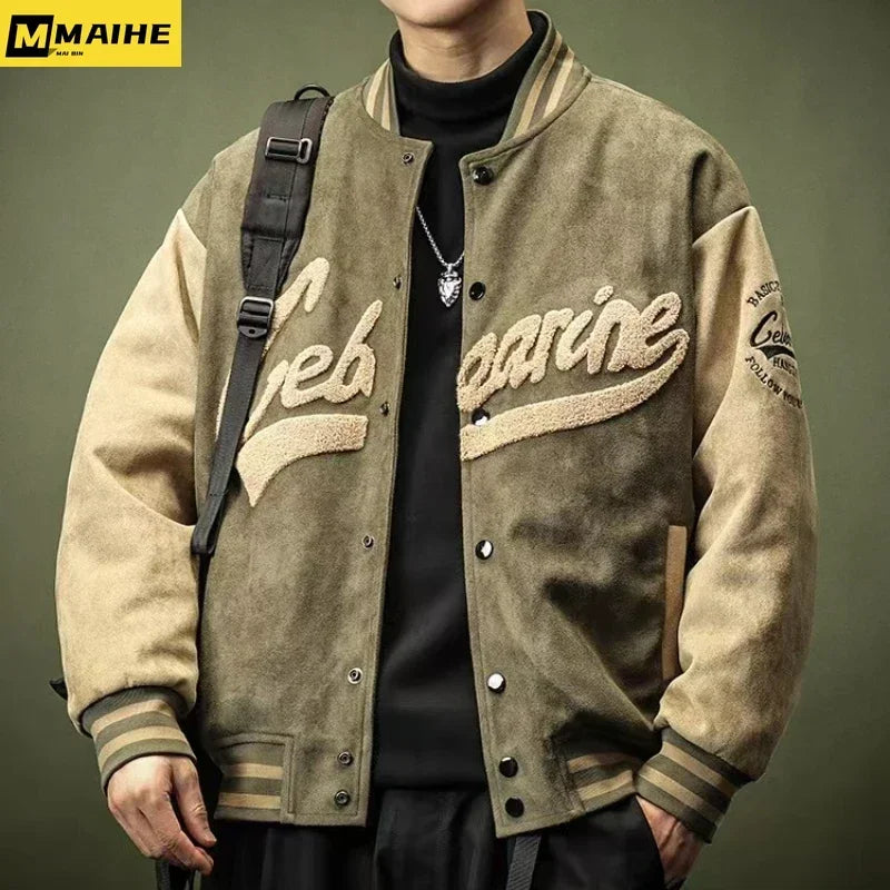 Suede Baseball Uniform Men's Autumn And Winter American Retro Coat Spring And Autumn Loose Top Embroidered Retro Jacket Trend
