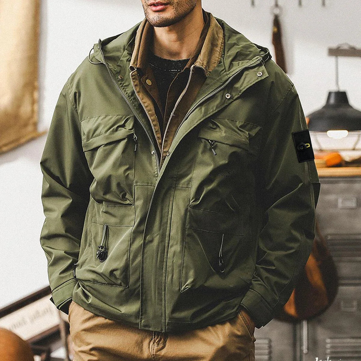 Compass Top Button Patch Luxury Style Man Camping Hiking Waterproof Windproof Outdoor Jacket Soild Hooded Mountaineering Jackets