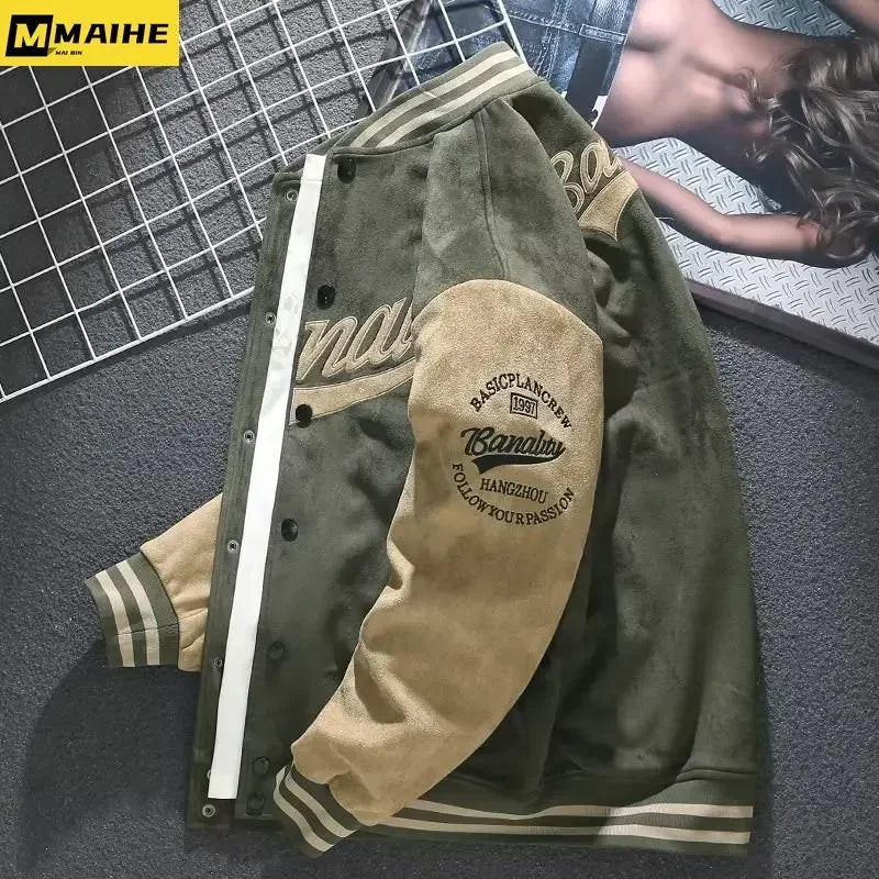 Suede Baseball Uniform Men's Autumn And Winter American Retro Coat Spring And Autumn Loose Top Embroidered Retro Jacket Trend
