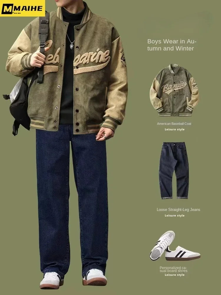 Suede Baseball Uniform Men's Autumn And Winter American Retro Coat Spring And Autumn Loose Top Embroidered Retro Jacket Trend